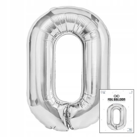 BALON FOLIOWY CYFRĄ CYFERKA 0 SREBRNA NA IMPREZE URODZINOWĄ 40cm
