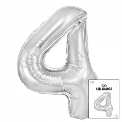BALON FOLIOWY CYFRĄ CYFERKA 4 SREBRNA NA IMPREZE URODZINOWĄ 40cm BALON FOLIOWY CYFRĄ CYFERKA 4 SREBRNA NA IMPREZE URODZINOWĄ 40cm