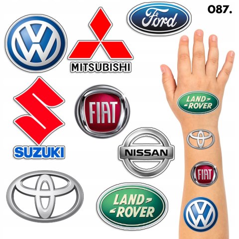 TATUAŻE ZMYWALNE DLA DZIECI TYMCZASOWE SAMOCHODY MARKI LOGO - 8 EL. / 150 W