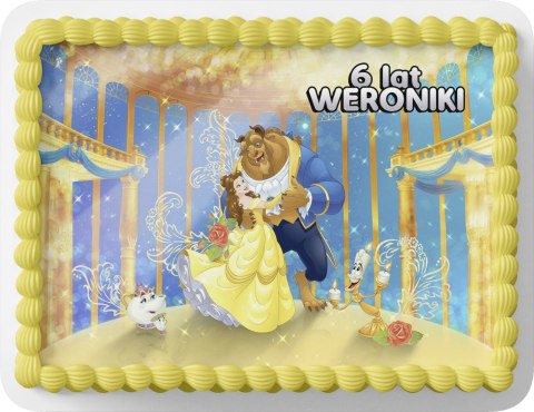 PROSTOKĄTNY OPŁATEK NA TORT A4 20x29CM - PIĘKNA I BESTIA + IMIĘ GRATIS