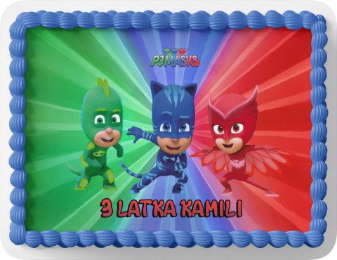 PROSTOKĄTNY OPŁATEK NA TORT A4 20x29CM - PIDŻAMERSI PJMASKS + IMIĘ GRATIS PROSTOKĄTNY OPŁATEK NA TORT A4 20x29CM - PIDŻAMERSI PJMASKS + IMIĘ GRATIS