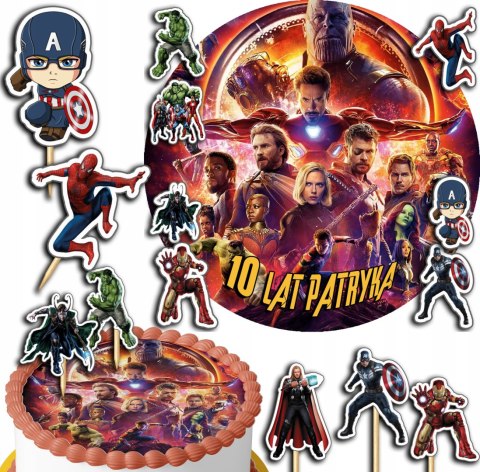 ZESTAW OPŁATEK NA TORT 20CM + TOPPERY PAPIEROWE - AVENGERS + IMIĘ 15CM 18CM ZESTAW OPŁATEK NA TORT 20CM + TOPPERY PAPIEROWE - AVENGERS + IMIĘ 15CM 18CM