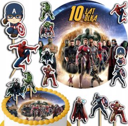 ZESTAW OPŁATEK NA TORT 30CM + TOPPERY PAPIEROWE - AVENGERS + IMIĘ 24CM 26CM