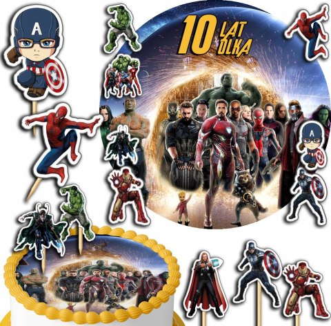 ZESTAW OPŁATEK NA TORT 30CM + TOPPERY PAPIEROWE - AVENGERS + IMIĘ 24CM 26CM ZESTAW OPŁATEK NA TORT 30CM + TOPPERY PAPIEROWE - AVENGERS + IMIĘ 24CM 26CM