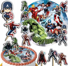 ZESTAW OPŁATEK NA TORT 30CM + TOPPERY PAPIEROWE - AVENGERS + IMIĘ 24CM 26CM