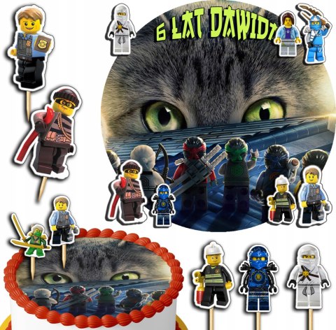 ZESTAW OPŁATEK NA TORT 20CM + TOPPERY PAPIEROWE - NINJAGO + IMIĘ 15CM 18