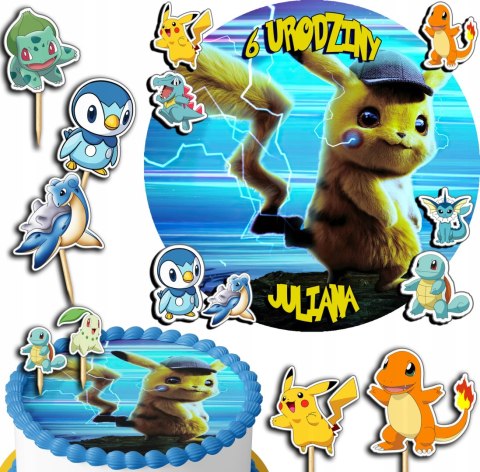 ZESTAW OPŁATEK NA TORT 30CM + TOPPERY PAPIEROWE - POKEMON + IMIĘ 24CM 26CM ZESTAW OPŁATEK NA TORT 30CM + TOPPERY PAPIEROWE - POKEMON + IMIĘ 24CM 26CM
