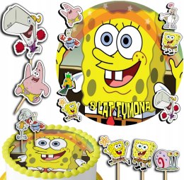 ZESTAW OPŁATEK NA TORT 30CM + TOPPERY PAPIEROWE - SPONGEBOB + IMIĘ 24CM 26