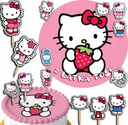 ZESTAW OPŁATEK NA TORT 30CM + TOPPERY PAPIEROWE - KOTEK KITTY IMIĘ 24CM 26