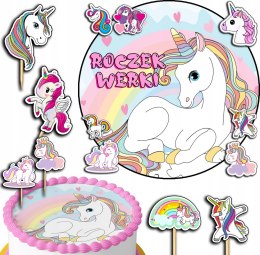 ZESTAW OPŁATEK NA TORT 20CM + TOPPERY PAPIEROWE - JEDNOROŻEC IMIĘ 15CM 18CM