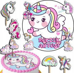 ZESTAW OPŁATEK NA TORT 20CM + TOPPERY PAPIEROWE - JEDNOROŻEC IMIĘ 15CM 18CM