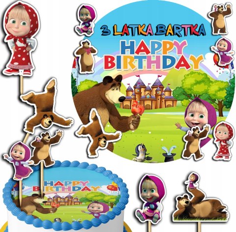 ZESTAW OPŁATEK NA TORT 20CM + TOPPERY PAPIEROWE - MASHA NIEDŹWIEDŹ 15CM 18 ZESTAW OPŁATEK NA TORT 20CM + TOPPERY PAPIEROWE - MASHA NIEDŹWIEDŹ 15CM 18