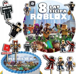 ZESTAW OPŁATEK NA TORT 20CM + TOPPERY PAPIEROWE - ROBLOX + IMIĘ 15CM 18CM