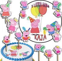 ZESTAW OPŁATEK NA TORT 20CM + TOPPERY PAPIEROWE - ŚWINKA PEPPA 15CM 18CM