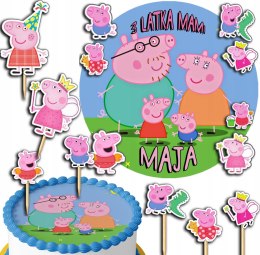 ZESTAW OPŁATEK NA TORT 20CM + TOPPERY PAPIEROWE - ŚWINKA PEPPA 15CM 18CM