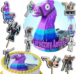 ZESTAW OPŁATEK NA TORT 30CM + TOPPERY PAPIEROWE - FORTNITE + IMIĘ 24CM 26CM