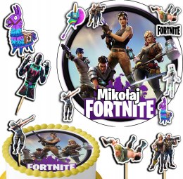 ZESTAW OPŁATEK NA TORT 30CM + TOPPERY PAPIEROWE - FORTNITE + IMIĘ 24CM 26CM