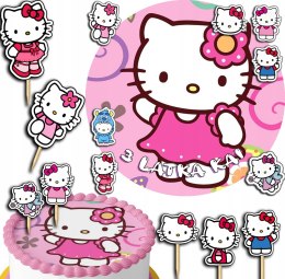 ZESTAW OPŁATEK NA TORT 30CM + TOPPERY PAPIEROWE - KOTEK KITTY IMIĘ 24CM 26