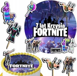 ZESTAW OPŁATEK NA TORT 20CM + TOPPERY PAPIEROWE - FORTNITE + IMIĘ 15CM 18CM