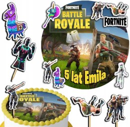 ZESTAW OPŁATEK NA TORT 20CM + TOPPERY PAPIEROWE - FORTNITE + IMIĘ 15CM 18CM