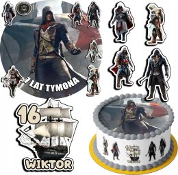 ZESTAW OPŁATEK NA TORT 30CM + 17 POSTACI - ASSASSIN + IMIĘ 24CM 26CM