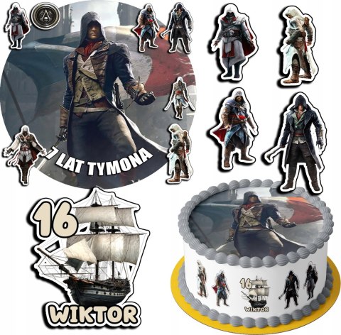 ZESTAW OPŁATEK NA TORT 30CM + 17 POSTACI - ASSASSIN + IMIĘ 24CM 26CM ZESTAW OPŁATEK NA TORT 30CM + 17 POSTACI - ASSASSIN + IMIĘ 24CM 26CM