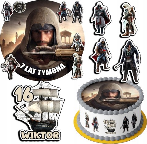 ZESTAW OPŁATEK NA TORT 30CM + 17 POSTACI - ASSASSIN + IMIĘ 24CM 26CM