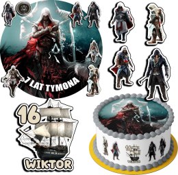 ZESTAW OPŁATEK NA TORT 30CM + 17 POSTACI - ASSASSIN + IMIĘ 24CM 26CM