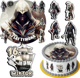 ZESTAW OPŁATEK NA TORT 30CM + 17 POSTACI - ASSASSIN + IMIĘ 24CM 26CM