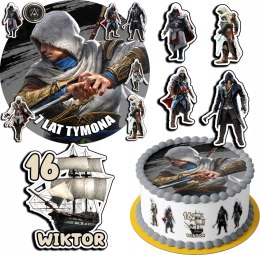 ZESTAW OPŁATEK NA TORT 30CM + 17 POSTACI - ASSASSIN + IMIĘ 24CM 26CM