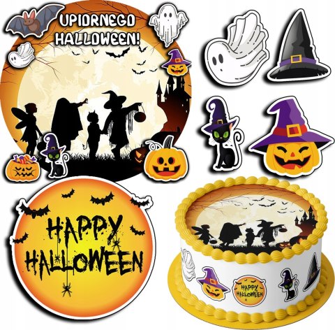 ZESTAW OPŁATEK NA TORT 30CM + 17 POSTACI - HALLOWEEN + IMIĘ 24CM 26CM ZESTAW OPŁATEK NA TORT 30CM + 17 POSTACI - HALLOWEEN + IMIĘ 24CM 26CM