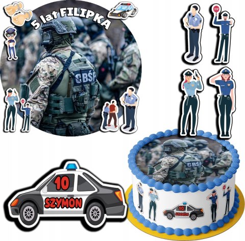 ZESTAW OPŁATEK NA TORT 30CM + 17 POSTACI - POLICJA + IMIĘ 24CM 26CM ZESTAW OPŁATEK NA TORT 30CM + 17 POSTACI - POLICJA + IMIĘ 24CM 26CM