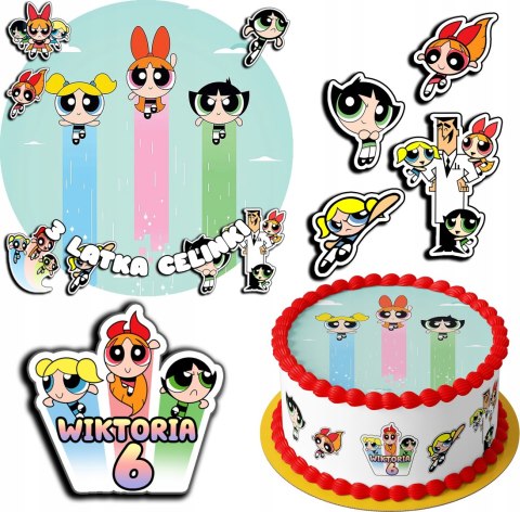 ZESTAW OPŁATEK NA TORT 30CM + 17 POSTACI - POWER GIRLS + IMIĘ 24CM 26CM ZESTAW OPŁATEK NA TORT 30CM + 17 POSTACI - POWER GIRLS + IMIĘ 24CM 26CM
