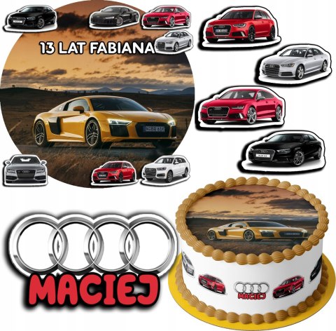 ZESTAW OPŁATEK NA TORT 30CM + 17 POSTACI - AUDI AUTO + IMIĘ 24CM 26CM ZESTAW OPŁATEK NA TORT 30CM + 17 POSTACI - AUDI AUTO + IMIĘ 24CM 26CM