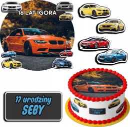 ZESTAW OPŁATEK NA TORT 30CM + 17 POSTACI - BMW AUTO + IMIĘ 24CM 26CM