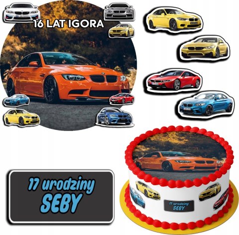 ZESTAW OPŁATEK NA TORT 30CM + 17 POSTACI - BMW AUTO + IMIĘ 24CM 26CM ZESTAW OPŁATEK NA TORT 30CM + 17 POSTACI - BMW AUTO + IMIĘ 24CM 26CM