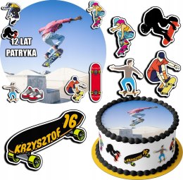 ZESTAW OPŁATEK NA TORT 30CM + 17 POSTACI - DESKOROLKA + IMIĘ 24CM 26CM