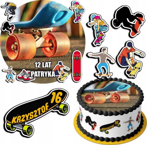ZESTAW OPŁATEK NA TORT 30CM + 17 POSTACI - DESKOROLKA + IMIĘ 24CM 26CM ZESTAW OPŁATEK NA TORT 30CM + 17 POSTACI - DESKOROLKA + IMIĘ 24CM 26CM