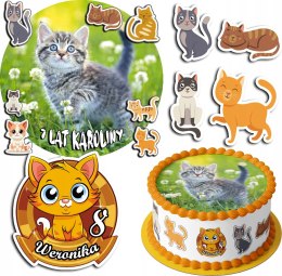 ZESTAW OPŁATEK NA TORT 30CM + 17 POSTACI - KOT KOTEK KOTKI + IMIĘ 24CM 26CM