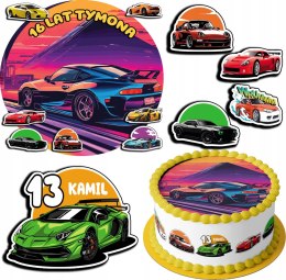 ZESTAW OPŁATEK NA TORT 30CM + 17 POSTACI - SAMOCHODY + IMIĘ 24CM 26CM