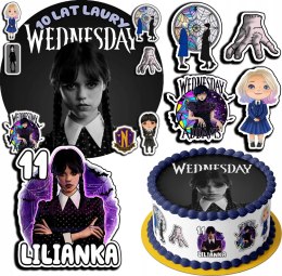 ZESTAW OPŁATEK NA TORT 30CM + 17 POSTACI - WEDNESDAY ADDAM + IMIĘ 24CM 26CM