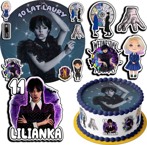 ZESTAW OPŁATEK NA TORT 30CM + 17 POSTACI - WEDNESDAY ADDAM + IMIĘ 24CM 26CM ZESTAW OPŁATEK NA TORT 30CM + 17 POSTACI - WEDNESDAY ADDAM + IMIĘ 24CM 26CM