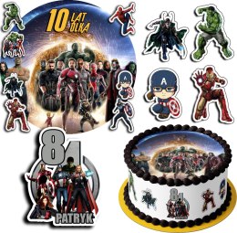ZESTAW OPŁATEK NA TORT 30CM + 17 POSTACI - AVENGERS MARVEL + IMIĘ 24CM 26CM