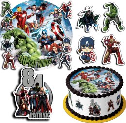 ZESTAW OPŁATEK NA TORT 30CM + 17 POSTACI - AVENGERS MARVEL + IMIĘ 24CM 26CM