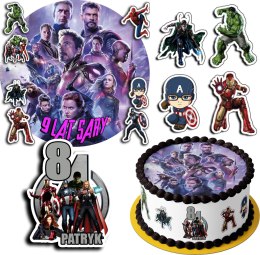 ZESTAW OPŁATEK NA TORT 30CM + 17 POSTACI - AVENGERS MARVEL + IMIĘ 24CM 26CM