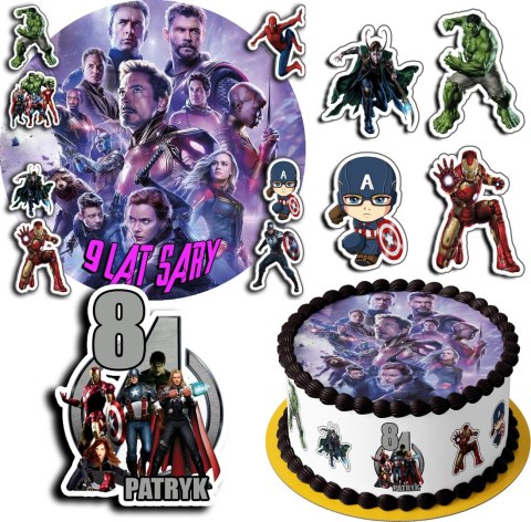 ZESTAW OPŁATEK NA TORT 30CM + 17 POSTACI - AVENGERS MARVEL + IMIĘ 24CM 26CM