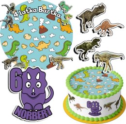 ZESTAW OPŁATEK NA TORT 30CM + 17 POSTACI - DINOZAUR + IMIĘ 24CM 26CM