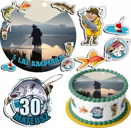 ZESTAW OPŁATEK NA TORT 30CM + 17 POSTACI - RYBY HOBBY + IMIĘ 24CM 26CM