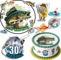 ZESTAW OPŁATEK NA TORT 30CM + 17 POSTACI - RYBY HOBBY + IMIĘ 24CM 26CM