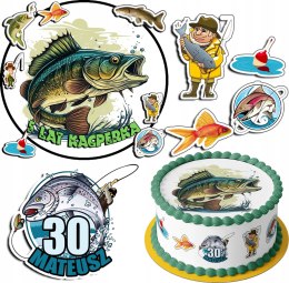 ZESTAW OPŁATEK NA TORT 30CM + 17 POSTACI - RYBY HOBBY + IMIĘ 24CM 26CM